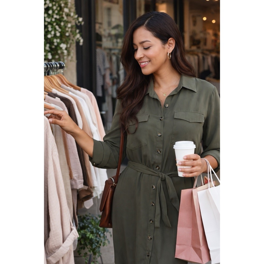 Olive Green Shirt Dress XL Belted Utility Roll Tab Sleeve Button Front Safari